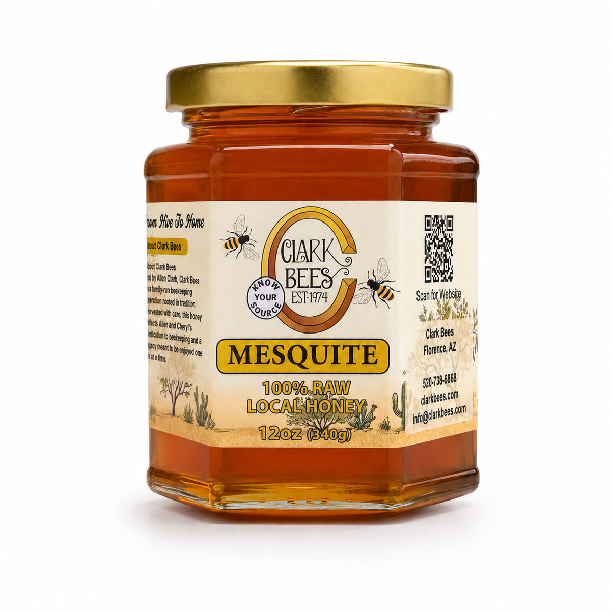 Jar of Clark Bees Mesquite honey on a white background