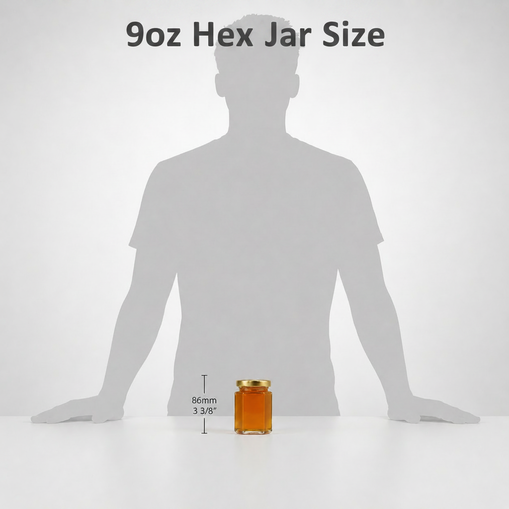 Silhouette of a person next to a jar of honey for size comparison on a white background