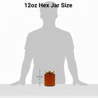 12oz hex jar size measurement shown next to a silhouette of a person for scale.