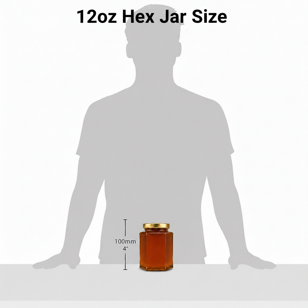 12oz hex jar size measurement shown next to a silhouette of a person for scale.