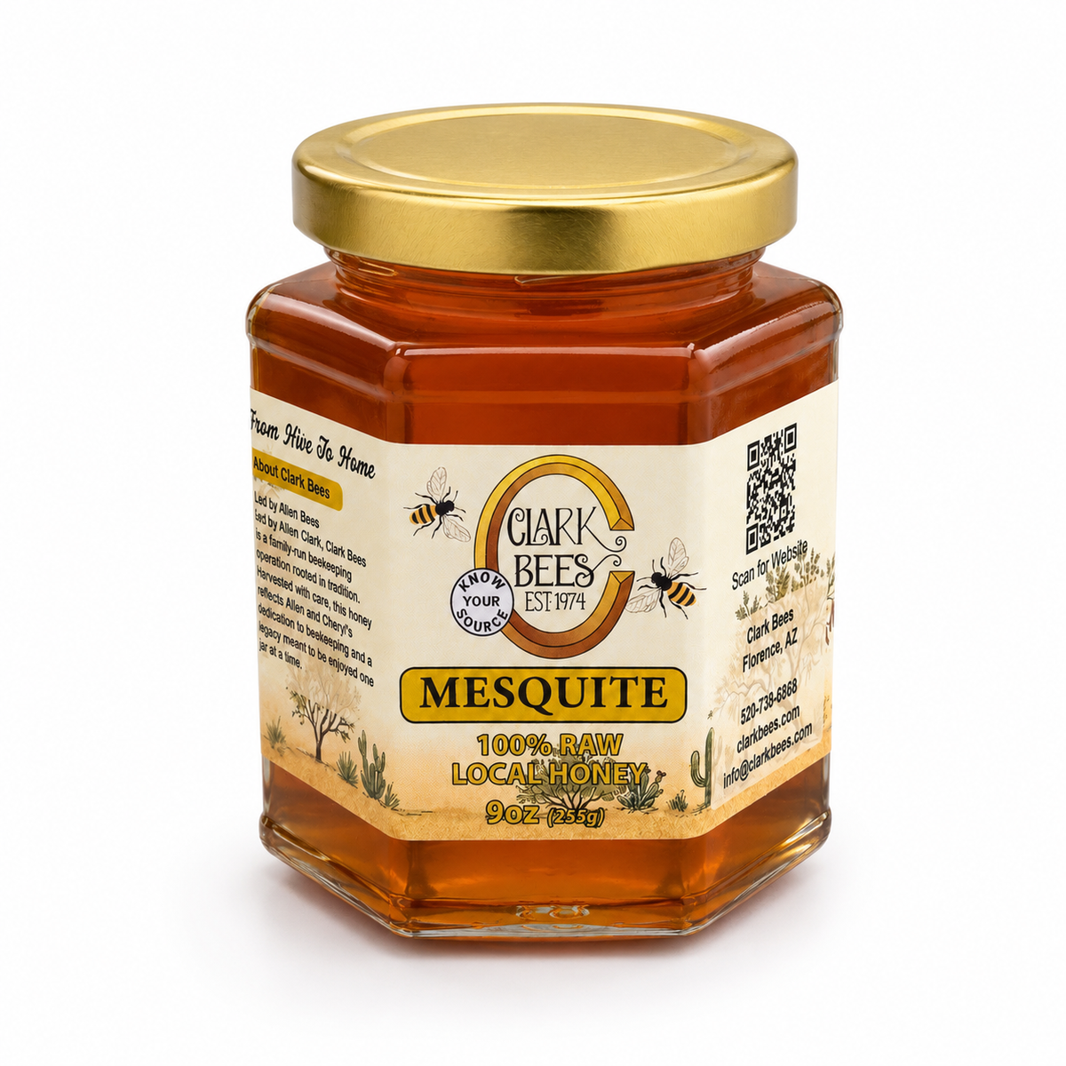 Jar of Clark Bees Mesquite honey on a white background