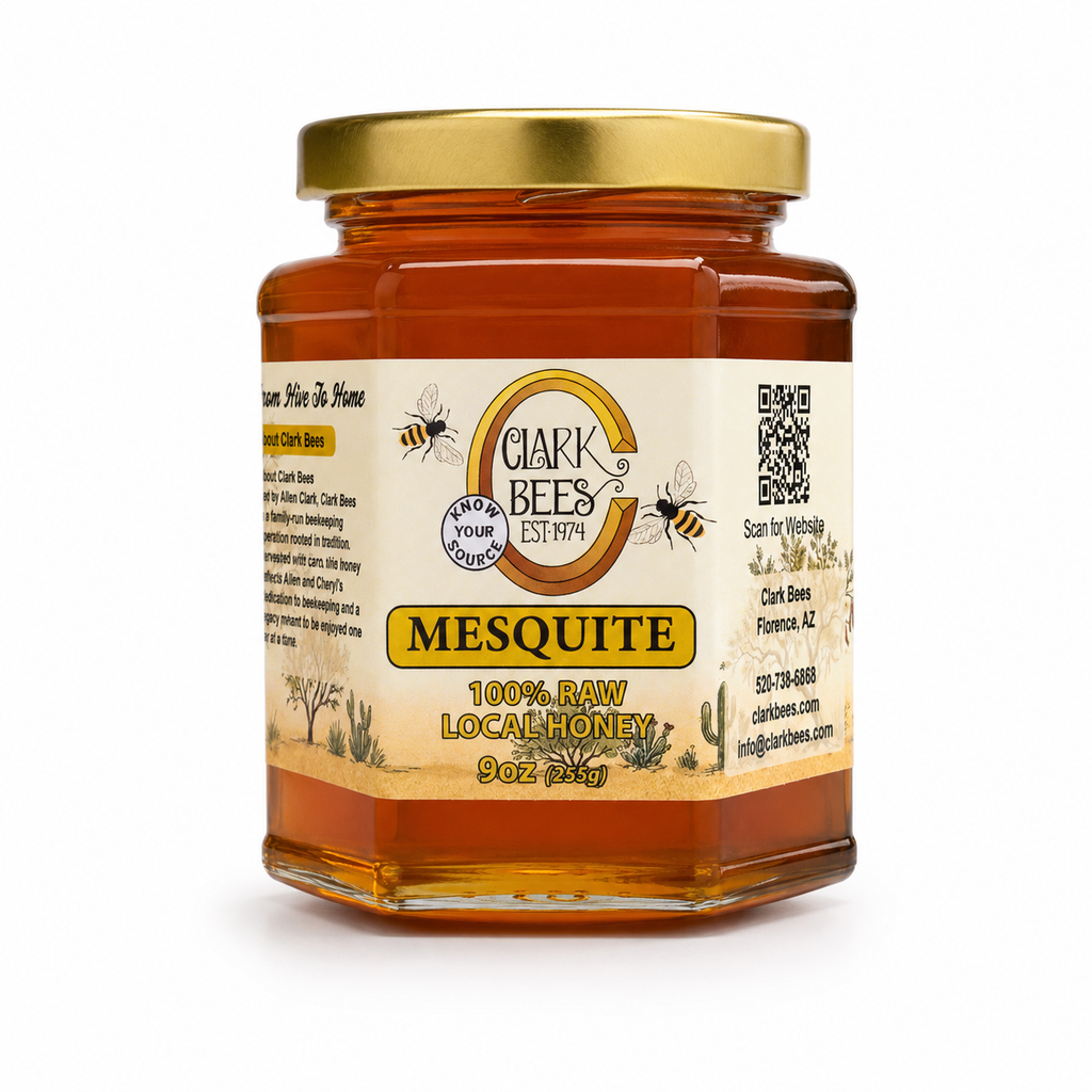 Jar of Clark Bees Mesquite honey on a white background