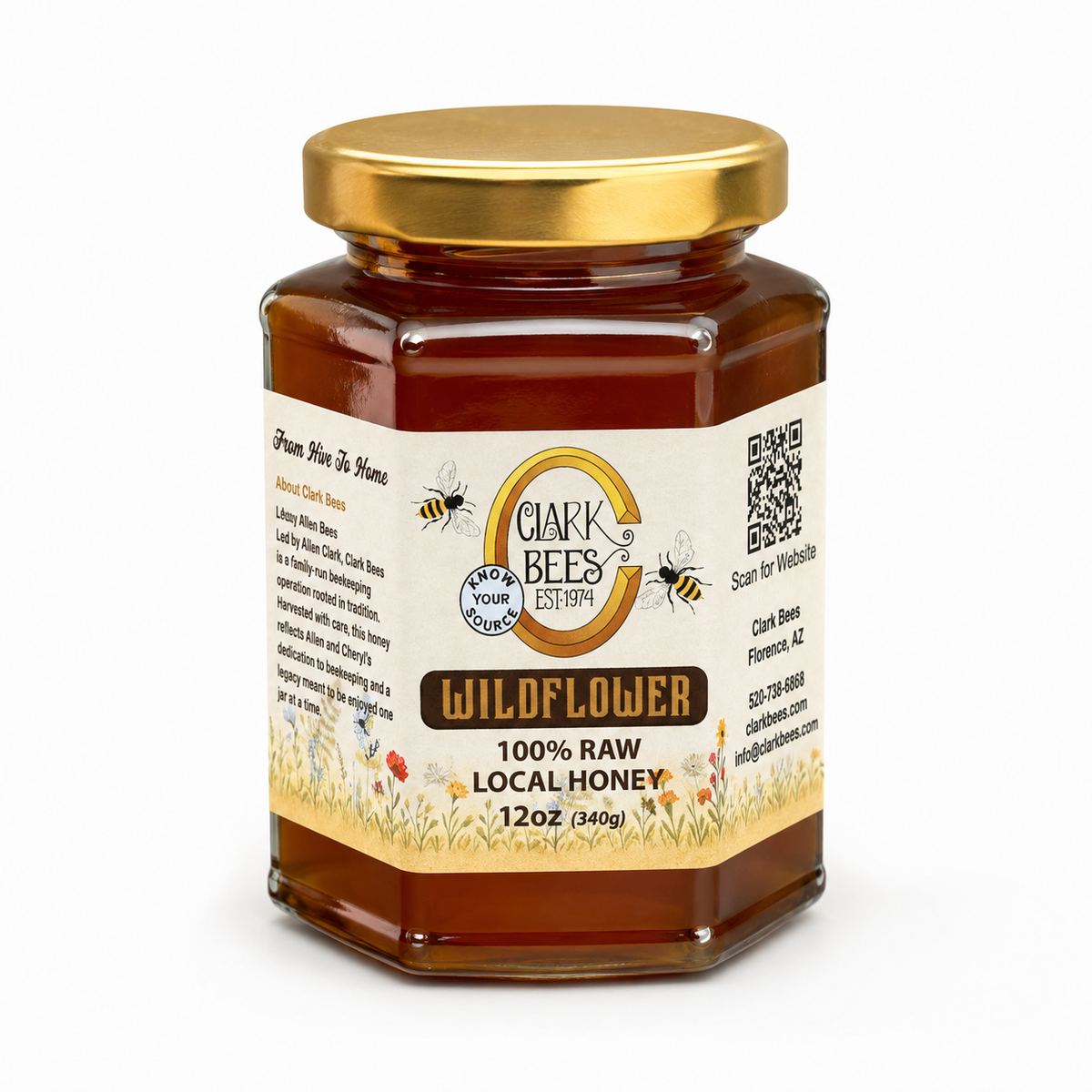 Jar of Clark Bees wildflower honey on a white background